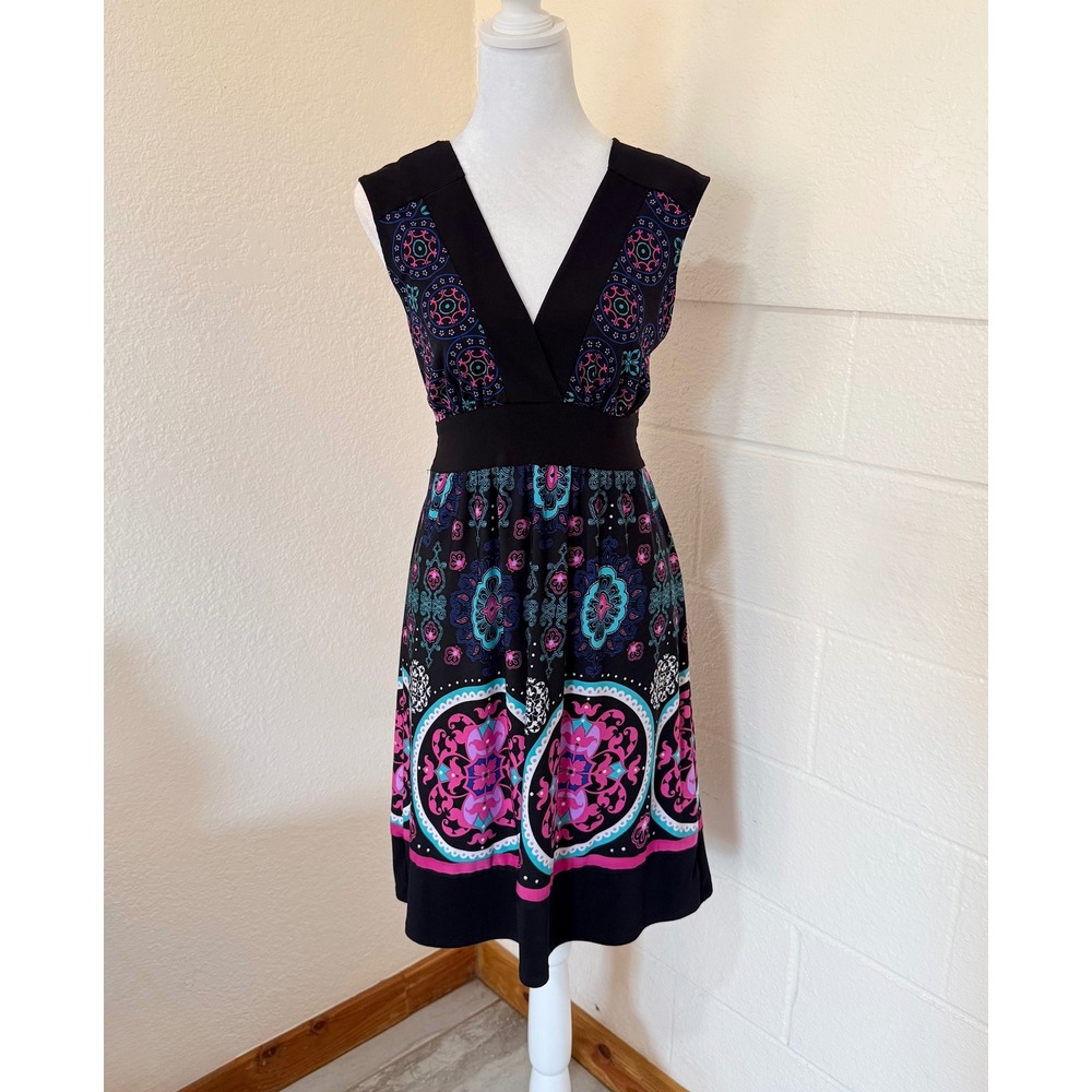 Wrapper Medallion Print Dress Womens Medium Black Pink Teal Boho V-Neck Y2K